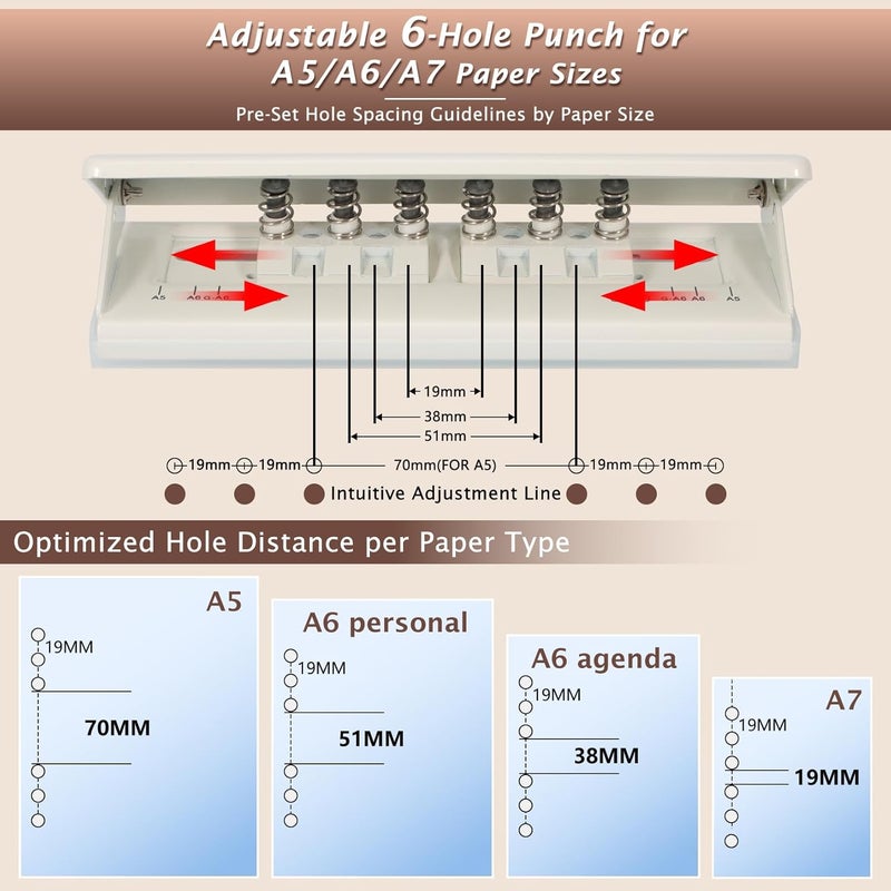 Zofly Metal Adjustable 6 Hole Punch for A5 A6 A7 Binders/Planners, Paper Hole Puncher 6 Ring with Guide Rule, 6 Sheet Capacity, Heavy Duty 6 Hole Punch for Binder/Agenda/Notebook/Bookbinding DIY (Off White) - Image 5